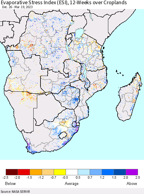 Southern Africa Evaporative Stress Index (ESI), 12-Weeks over Croplands Thematic Map For 3/13/2023 - 3/19/2023