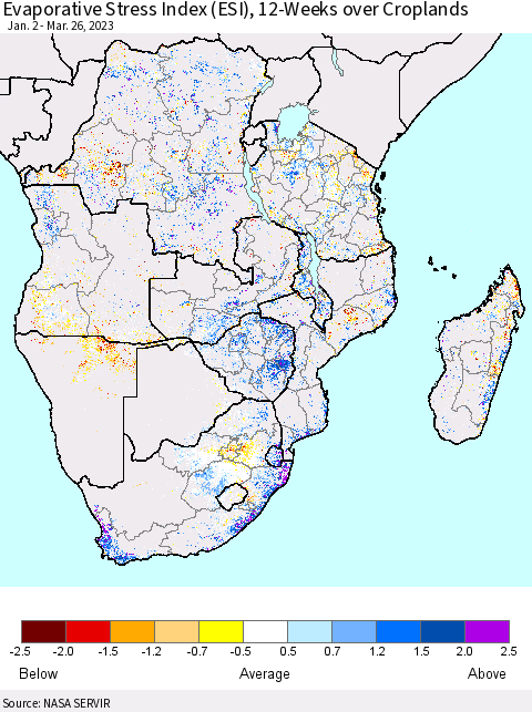 Southern Africa Evaporative Stress Index (ESI), 12-Weeks over Croplands Thematic Map For 3/20/2023 - 3/26/2023