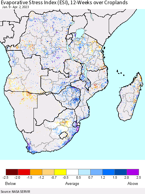 Southern Africa Evaporative Stress Index (ESI), 12-Weeks over Croplands Thematic Map For 3/27/2023 - 4/2/2023