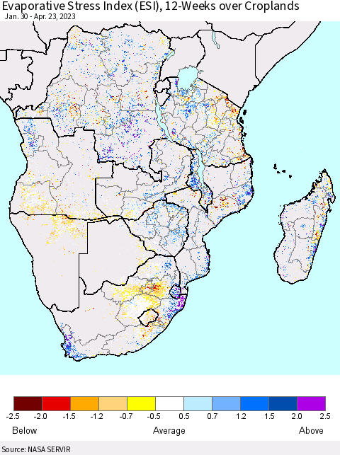 Southern Africa Evaporative Stress Index (ESI), 12-Weeks over Croplands Thematic Map For 4/17/2023 - 4/23/2023