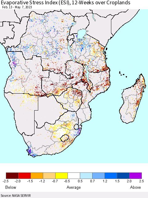 Southern Africa Evaporative Stress Index (ESI), 12-Weeks over Croplands Thematic Map For 5/1/2023 - 5/7/2023