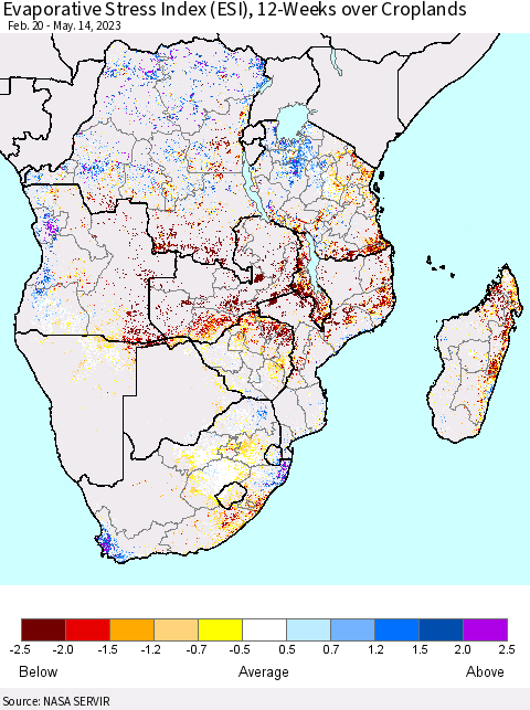 Southern Africa Evaporative Stress Index (ESI), 12-Weeks over Croplands Thematic Map For 5/8/2023 - 5/14/2023