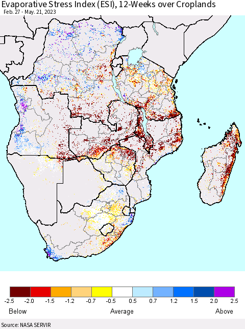Southern Africa Evaporative Stress Index (ESI), 12-Weeks over Croplands Thematic Map For 5/15/2023 - 5/21/2023