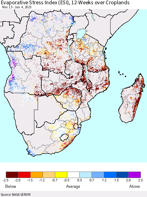 Southern Africa Evaporative Stress Index (ESI), 12-Weeks over Croplands Thematic Map For 5/29/2023 - 6/4/2023