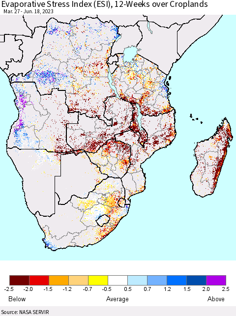 Southern Africa Evaporative Stress Index (ESI), 12-Weeks over Croplands Thematic Map For 6/12/2023 - 6/18/2023
