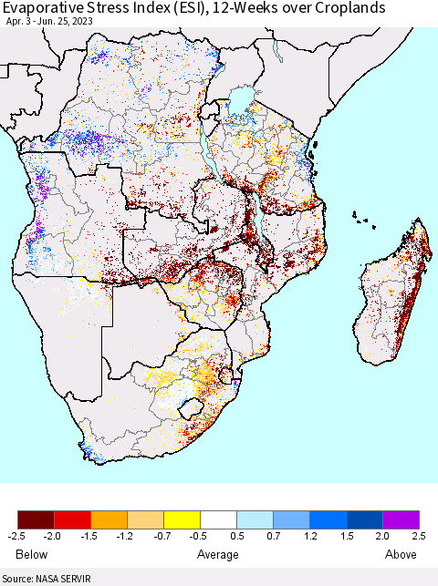 Southern Africa Evaporative Stress Index (ESI), 12-Weeks over Croplands Thematic Map For 6/19/2023 - 6/25/2023