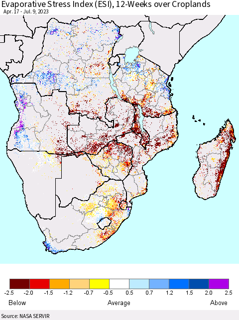 Southern Africa Evaporative Stress Index (ESI), 12-Weeks over Croplands Thematic Map For 7/3/2023 - 7/9/2023