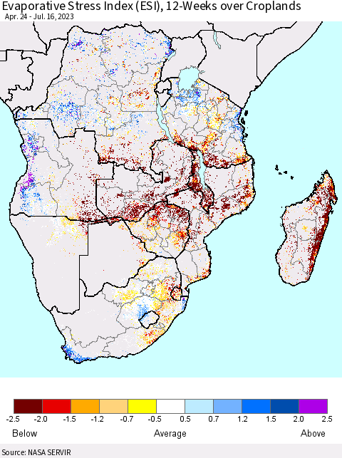 Southern Africa Evaporative Stress Index (ESI), 12-Weeks over Croplands Thematic Map For 7/10/2023 - 7/16/2023