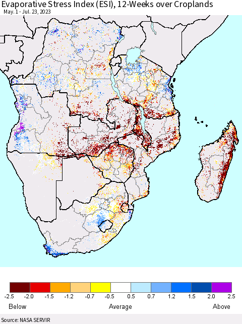 Southern Africa Evaporative Stress Index (ESI), 12-Weeks over Croplands Thematic Map For 7/17/2023 - 7/23/2023