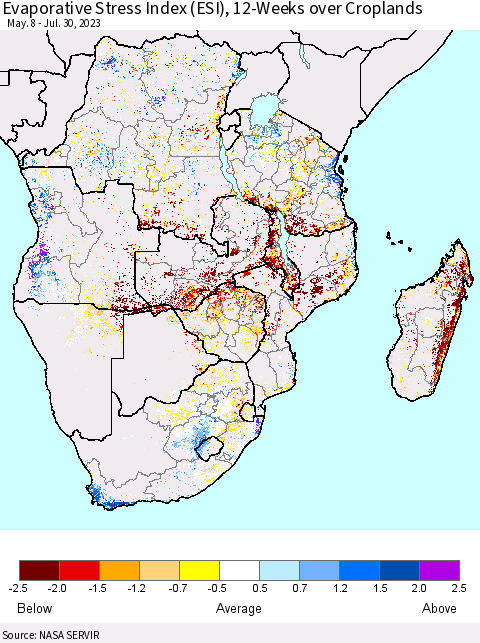 Southern Africa Evaporative Stress Index (ESI), 12-Weeks over Croplands Thematic Map For 7/24/2023 - 7/30/2023