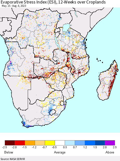Southern Africa Evaporative Stress Index (ESI), 12-Weeks over Croplands Thematic Map For 7/31/2023 - 8/6/2023
