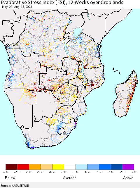 Southern Africa Evaporative Stress Index (ESI), 12-Weeks over Croplands Thematic Map For 8/7/2023 - 8/13/2023