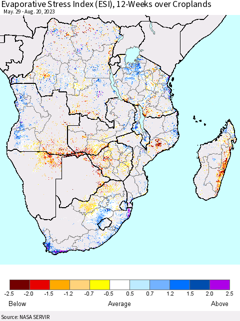 Southern Africa Evaporative Stress Index (ESI), 12-Weeks over Croplands Thematic Map For 8/14/2023 - 8/20/2023