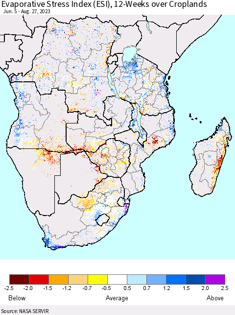 Southern Africa Evaporative Stress Index (ESI), 12-Weeks over Croplands Thematic Map For 8/21/2023 - 8/27/2023