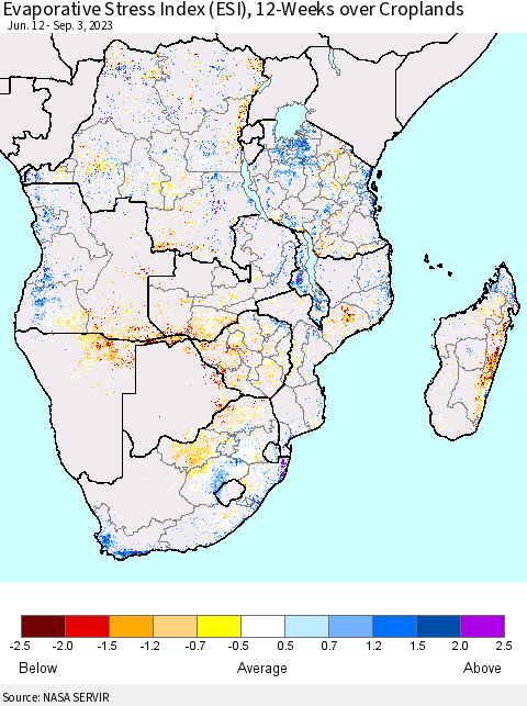 Southern Africa Evaporative Stress Index (ESI), 12-Weeks over Croplands Thematic Map For 8/28/2023 - 9/3/2023