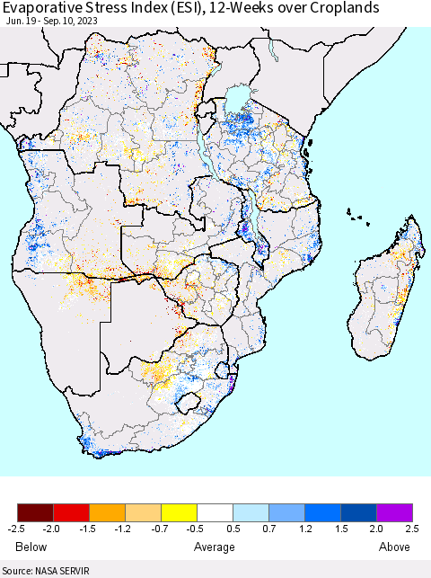 Southern Africa Evaporative Stress Index (ESI), 12-Weeks over Croplands Thematic Map For 9/4/2023 - 9/10/2023