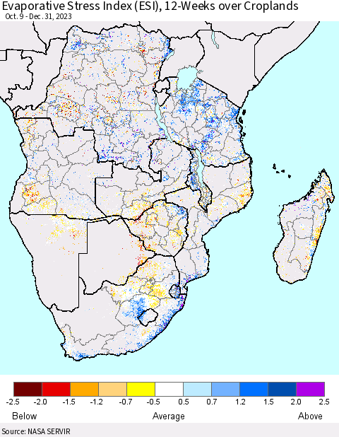 Southern Africa Evaporative Stress Index (ESI), 12-Weeks over Croplands Thematic Map For 1/1/2024 - 1/7/2024