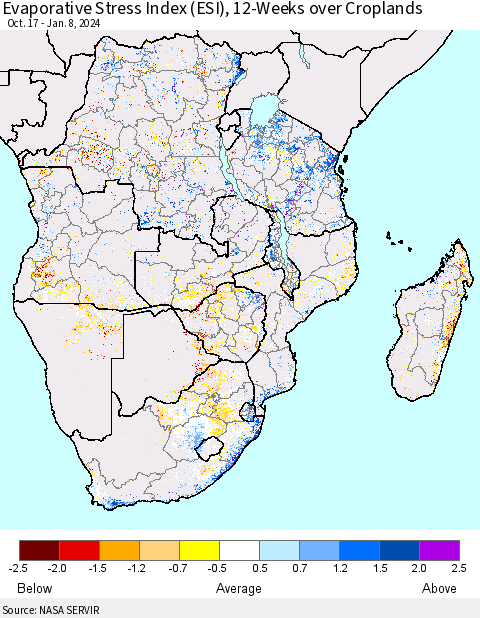 Southern Africa Evaporative Stress Index (ESI), 12-Weeks over Croplands Thematic Map For 1/8/2024 - 1/14/2024