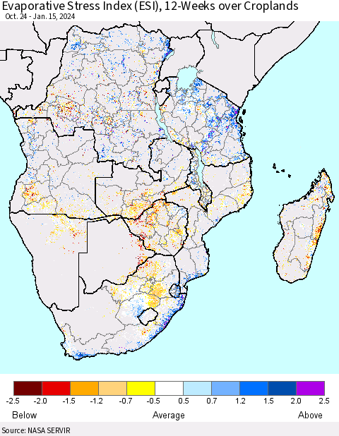 Southern Africa Evaporative Stress Index (ESI), 12-Weeks over Croplands Thematic Map For 1/15/2024 - 1/21/2024
