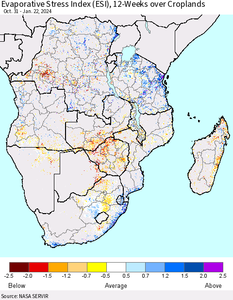 Southern Africa Evaporative Stress Index (ESI), 12-Weeks over Croplands Thematic Map For 1/22/2024 - 1/28/2024