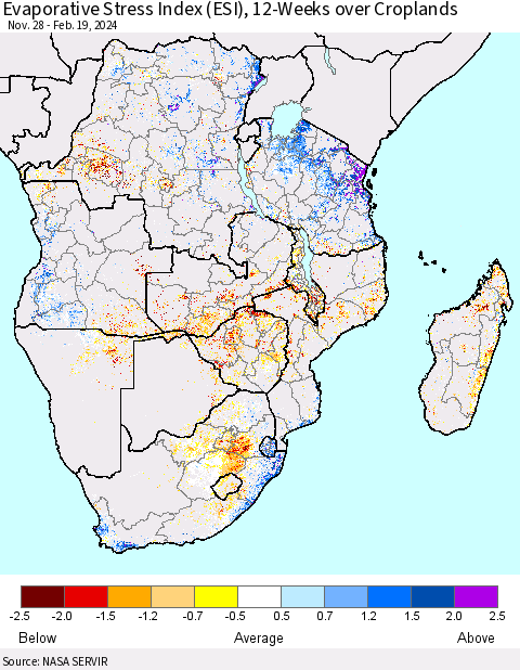 Southern Africa Evaporative Stress Index (ESI), 12-Weeks over Croplands Thematic Map For 2/19/2024 - 2/25/2024