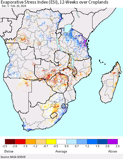 Southern Africa Evaporative Stress Index (ESI), 12-Weeks over Croplands Thematic Map For 2/26/2024 - 3/3/2024