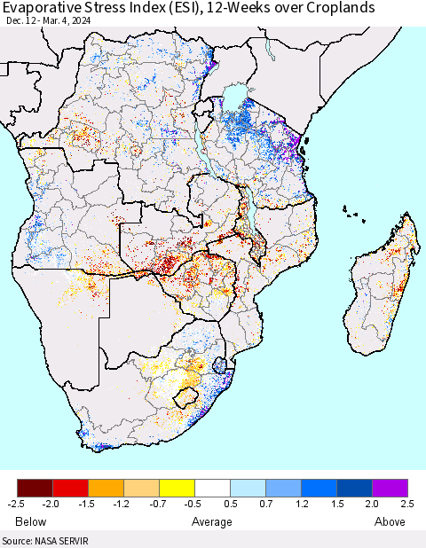 Southern Africa Evaporative Stress Index (ESI), 12-Weeks over Croplands Thematic Map For 3/4/2024 - 3/10/2024