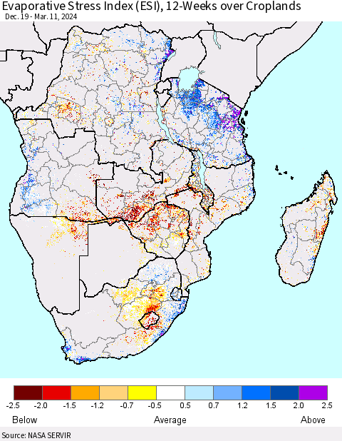 Southern Africa Evaporative Stress Index (ESI), 12-Weeks over Croplands Thematic Map For 3/11/2024 - 3/17/2024