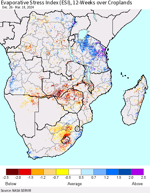 Southern Africa Evaporative Stress Index (ESI), 12-Weeks over Croplands Thematic Map For 3/18/2024 - 3/24/2024