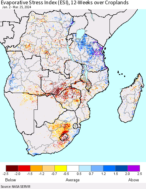 Southern Africa Evaporative Stress Index (ESI), 12-Weeks over Croplands Thematic Map For 3/25/2024 - 3/31/2024