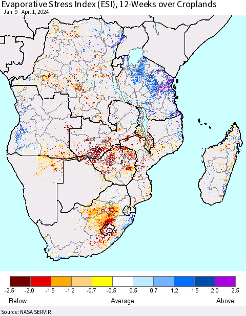 Southern Africa Evaporative Stress Index (ESI), 12-Weeks over Croplands Thematic Map For 4/1/2024 - 4/7/2024