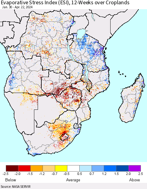Southern Africa Evaporative Stress Index (ESI), 12-Weeks over Croplands Thematic Map For 4/22/2024 - 4/28/2024