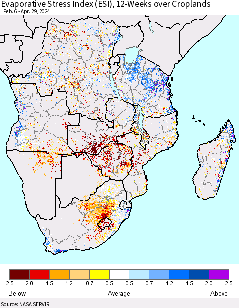 Southern Africa Evaporative Stress Index (ESI), 12-Weeks over Croplands Thematic Map For 4/29/2024 - 5/5/2024