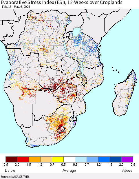 Southern Africa Evaporative Stress Index (ESI), 12-Weeks over Croplands Thematic Map For 5/6/2024 - 5/12/2024
