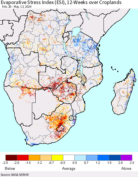 Southern Africa Evaporative Stress Index (ESI), 12-Weeks over Croplands Thematic Map For 5/13/2024 - 5/19/2024
