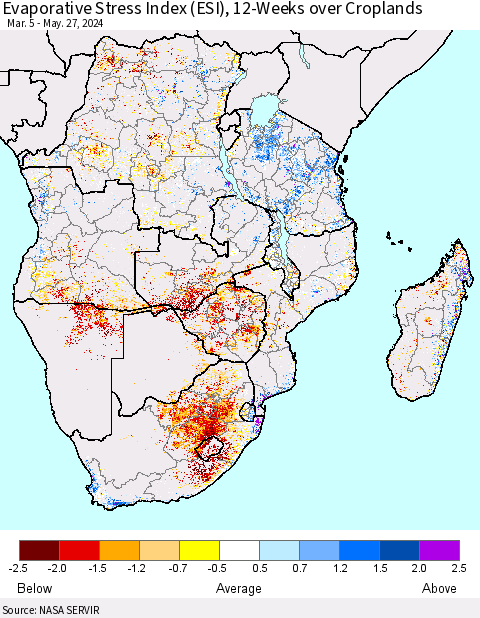 Southern Africa Evaporative Stress Index (ESI), 12-Weeks over Croplands Thematic Map For 5/27/2024 - 6/2/2024