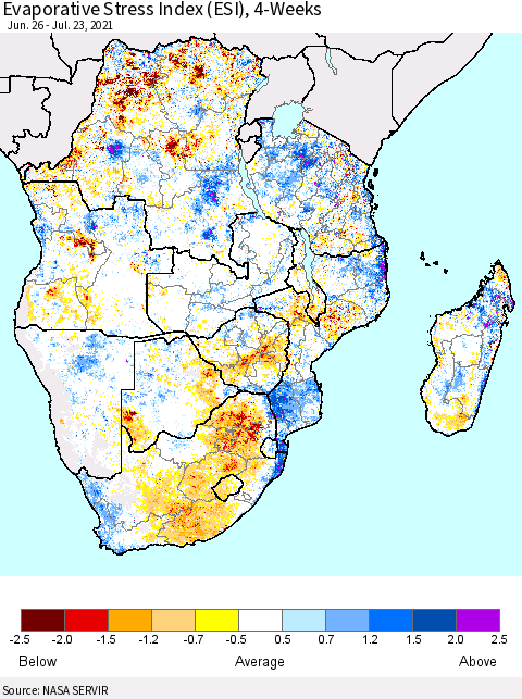 Southern Africa Evaporative Stress Index (ESI), 4-Weeks Thematic Map For 7/19/2021 - 7/25/2021