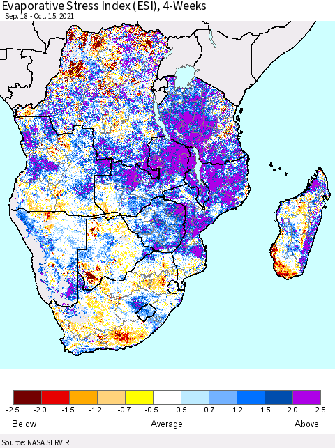 Southern Africa Evaporative Stress Index (ESI), 4-Weeks Thematic Map For 10/11/2021 - 10/17/2021