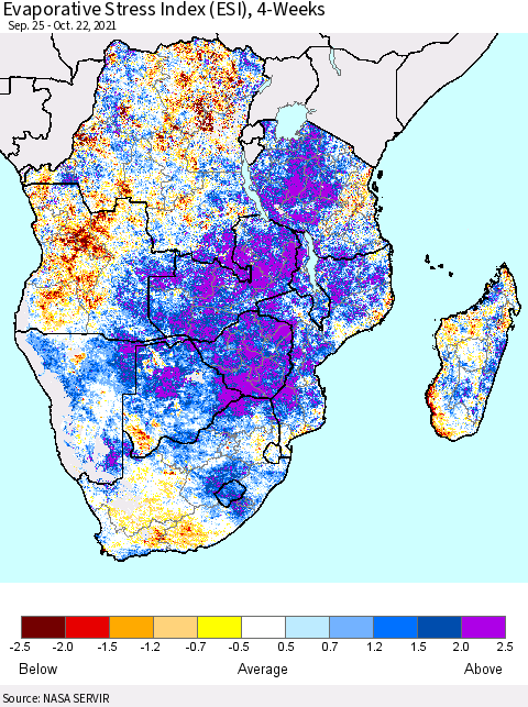 Southern Africa Evaporative Stress Index (ESI), 4-Weeks Thematic Map For 10/18/2021 - 10/24/2021