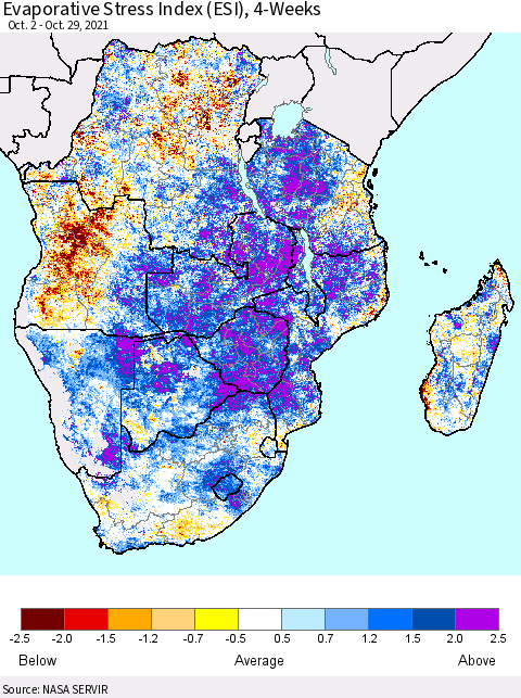 Southern Africa Evaporative Stress Index (ESI), 4-Weeks Thematic Map For 10/25/2021 - 10/31/2021