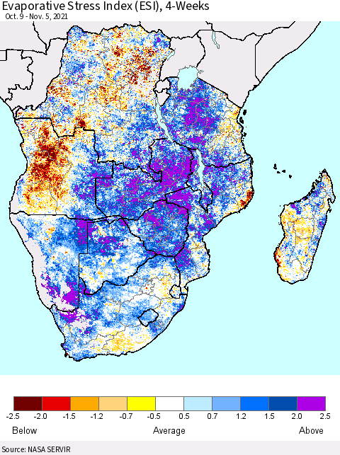 Southern Africa Evaporative Stress Index (ESI), 4-Weeks Thematic Map For 11/1/2021 - 11/7/2021