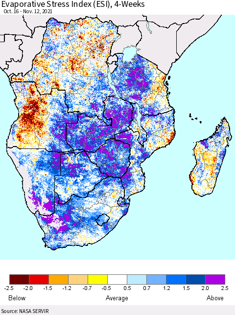 Southern Africa Evaporative Stress Index (ESI), 4-Weeks Thematic Map For 11/8/2021 - 11/14/2021