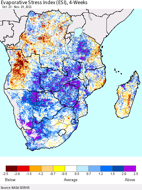 Southern Africa Evaporative Stress Index (ESI), 4-Weeks Thematic Map For 11/15/2021 - 11/21/2021