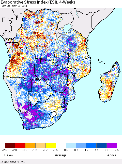 Southern Africa Evaporative Stress Index (ESI), 4-Weeks Thematic Map For 11/22/2021 - 11/28/2021