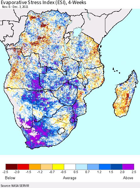 Southern Africa Evaporative Stress Index (ESI), 4-Weeks Thematic Map For 11/29/2021 - 12/5/2021