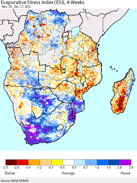 Southern Africa Evaporative Stress Index (ESI), 4-Weeks Thematic Map For 12/13/2021 - 12/19/2021