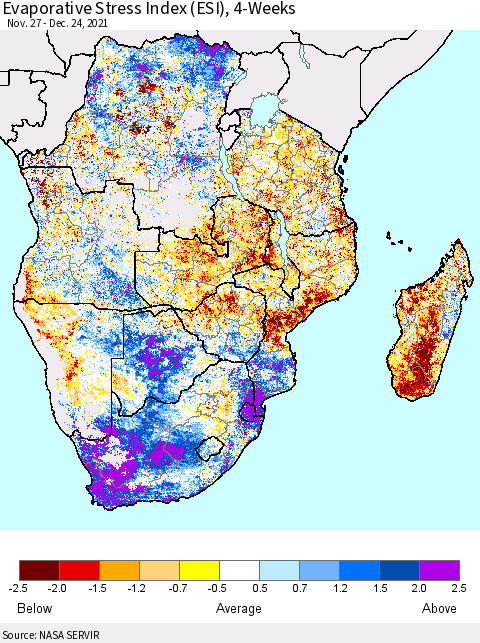 Southern Africa Evaporative Stress Index (ESI), 4-Weeks Thematic Map For 12/20/2021 - 12/26/2021