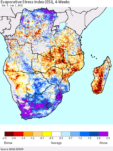Southern Africa Evaporative Stress Index (ESI), 4-Weeks Thematic Map For 12/27/2021 - 1/2/2022