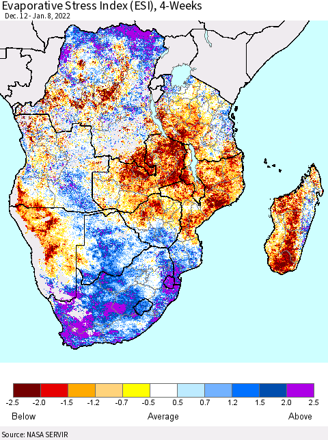 Southern Africa Evaporative Stress Index (ESI), 4-Weeks Thematic Map For 1/3/2022 - 1/9/2022