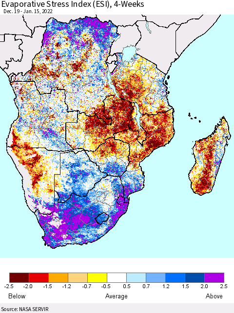 Southern Africa Evaporative Stress Index (ESI), 4-Weeks Thematic Map For 1/10/2022 - 1/16/2022